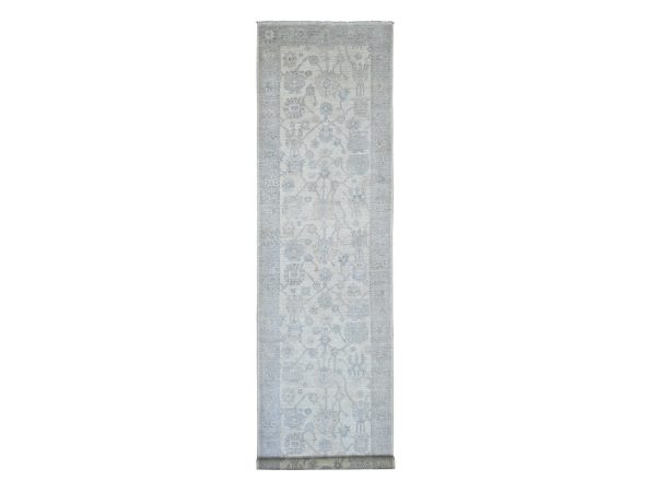 3'10"x15'7" Pearl White, Afghan Angora Oushak with All Over Leaf Design, Hand Knotted, 100% Wool, Vegetable Dyes, XL Runner, Oriental Rug HR22462