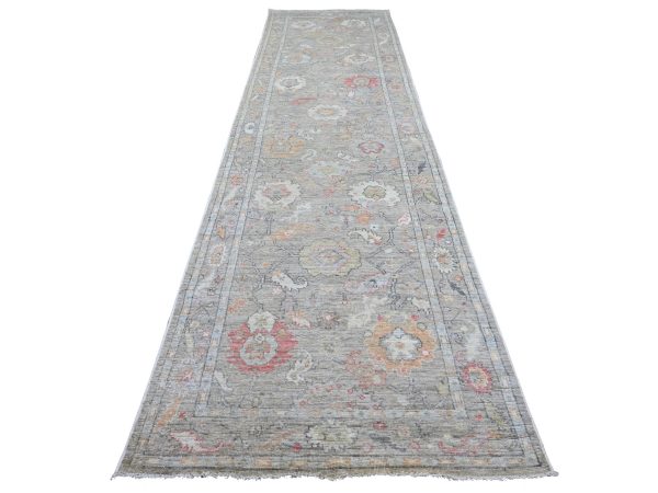 4'1"x15'1" Fossil Gray, Afghan Angora Oushak with All Over Leaf Design, Hand Knotted, 100% Wool, Vegetable Dyes, XL Runner, Oriental Rug HR22463