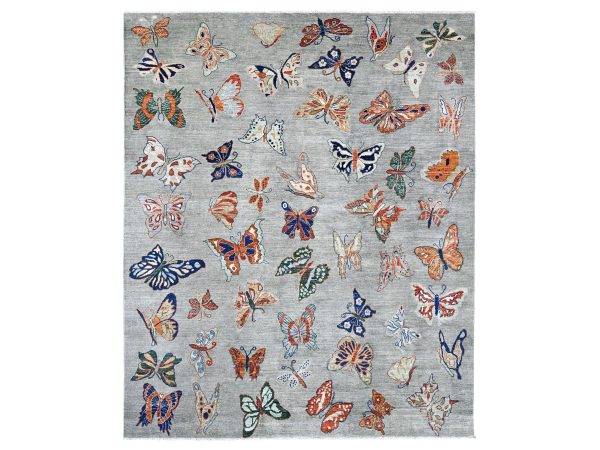 8'x9'7" Light Gray, Afghan Peshawar with Colorful Butterfly Design, Soft and Velvety Wool, Hand Knotted, Oriental Rug HR22496