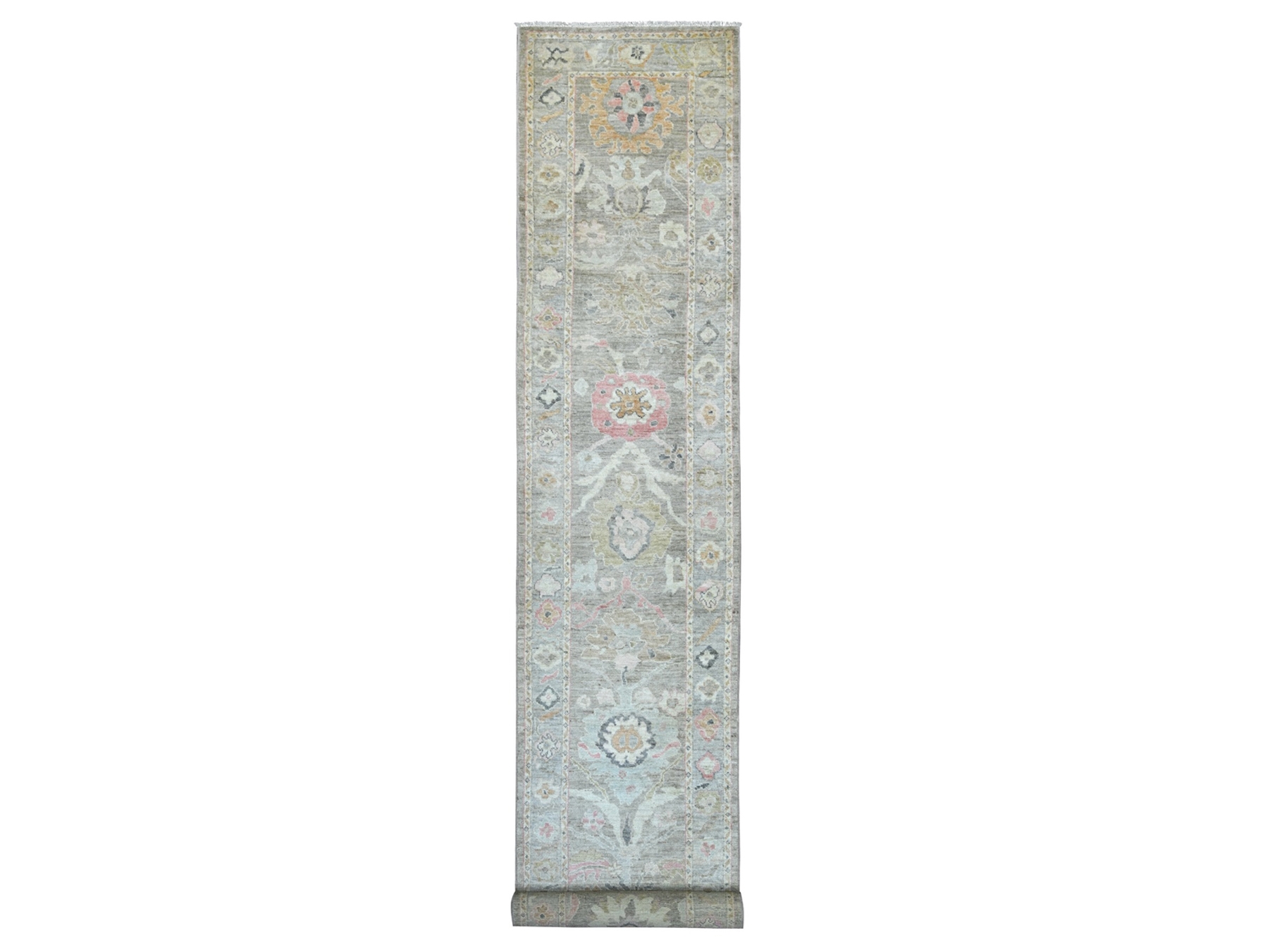 2'10"x19' Faded Brown, Afghan Angora Oushak with All Over Leaf Design, Hand Knotted, 100% Wool, Vegetable Dyes, XL Runner, Oriental Rug HR22505