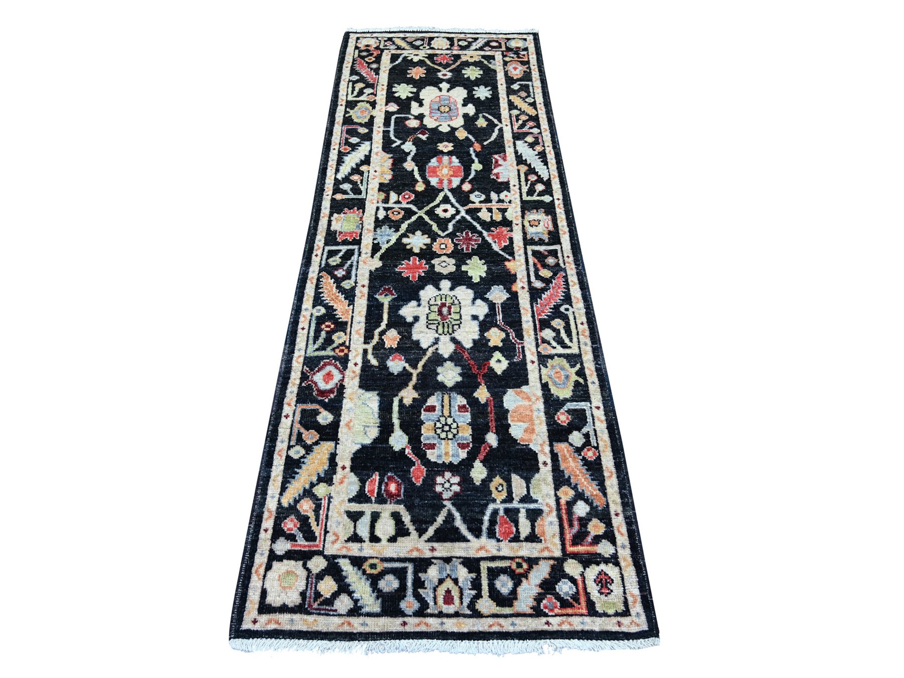 2'8"x8' Charcoal Black, Afghan Angora Oushak with Colorful Leaf Design, Hand Knotted, 100% Wool, Vegetable Dyes, Runner, Oriental Rug HR22507