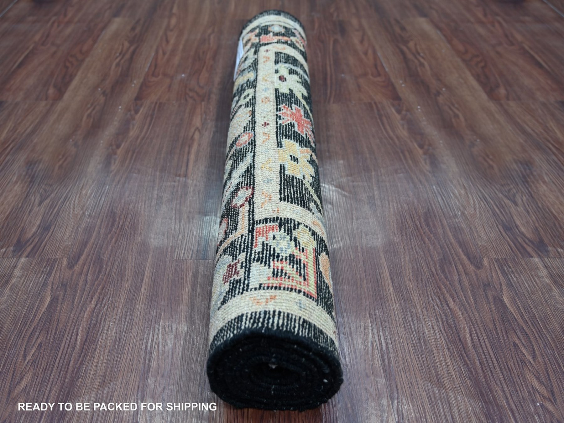 2'8"x8' Charcoal Black, Afghan Angora Oushak with Colorful Leaf Design, Hand Knotted, 100% Wool, Vegetable Dyes, Runner, Oriental Rug HR22507 - Image 4