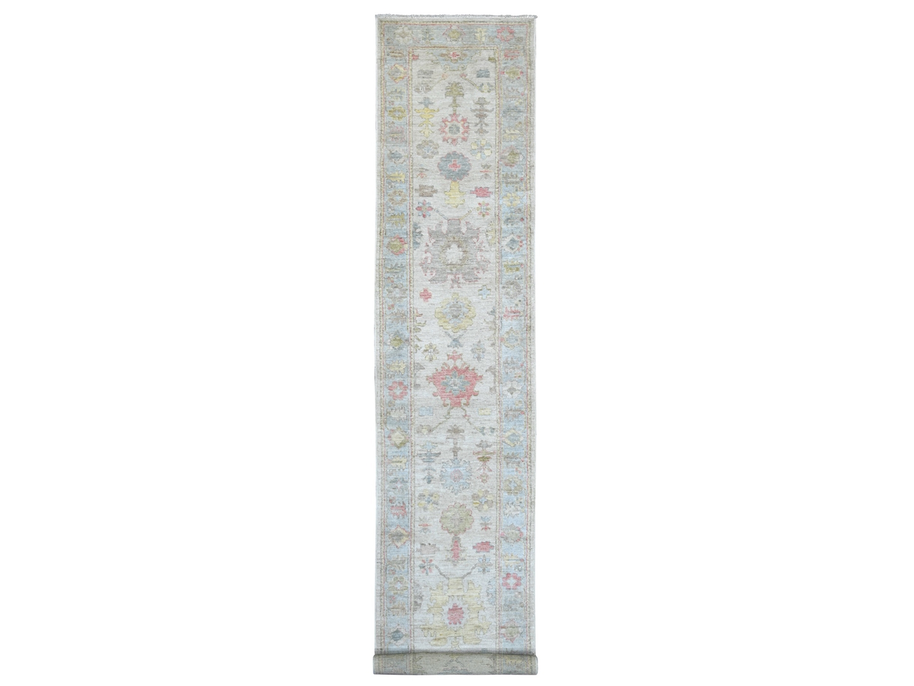 2'9"x15'7" Light Gray, Hand Knotted, Afghan Angora Oushak with All Over Leaf Design, 100% Wool, Vegetable Dyes, XL Runner, Oriental Rug HR22530