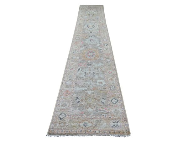 2'8"x15'2" Faded Brown, Afghan Angora Oushak with All Over Leaf Design, Hand Knotted, 100% Wool, Vegetable Dyes, XL Runner, Oriental Rug HR22531