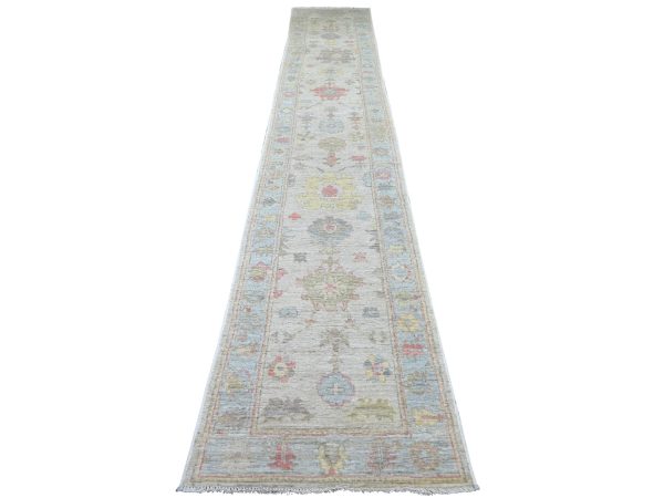 2'6"x15'5" Oyster White, Afghan Angora Oushak with All Over Leaf Design, Hand Knotted, 100% Wool, Vegetable Dyes, XL Runner, Oriental Rug HR22545