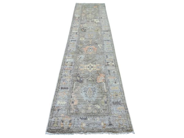 3'x12'9" Faded Brown, Afghan Angora Oushak with All Over Leaf Design, Hand Knotted, 100% Wool, Natural Dyes, Runner, Oriental Rug HR22548