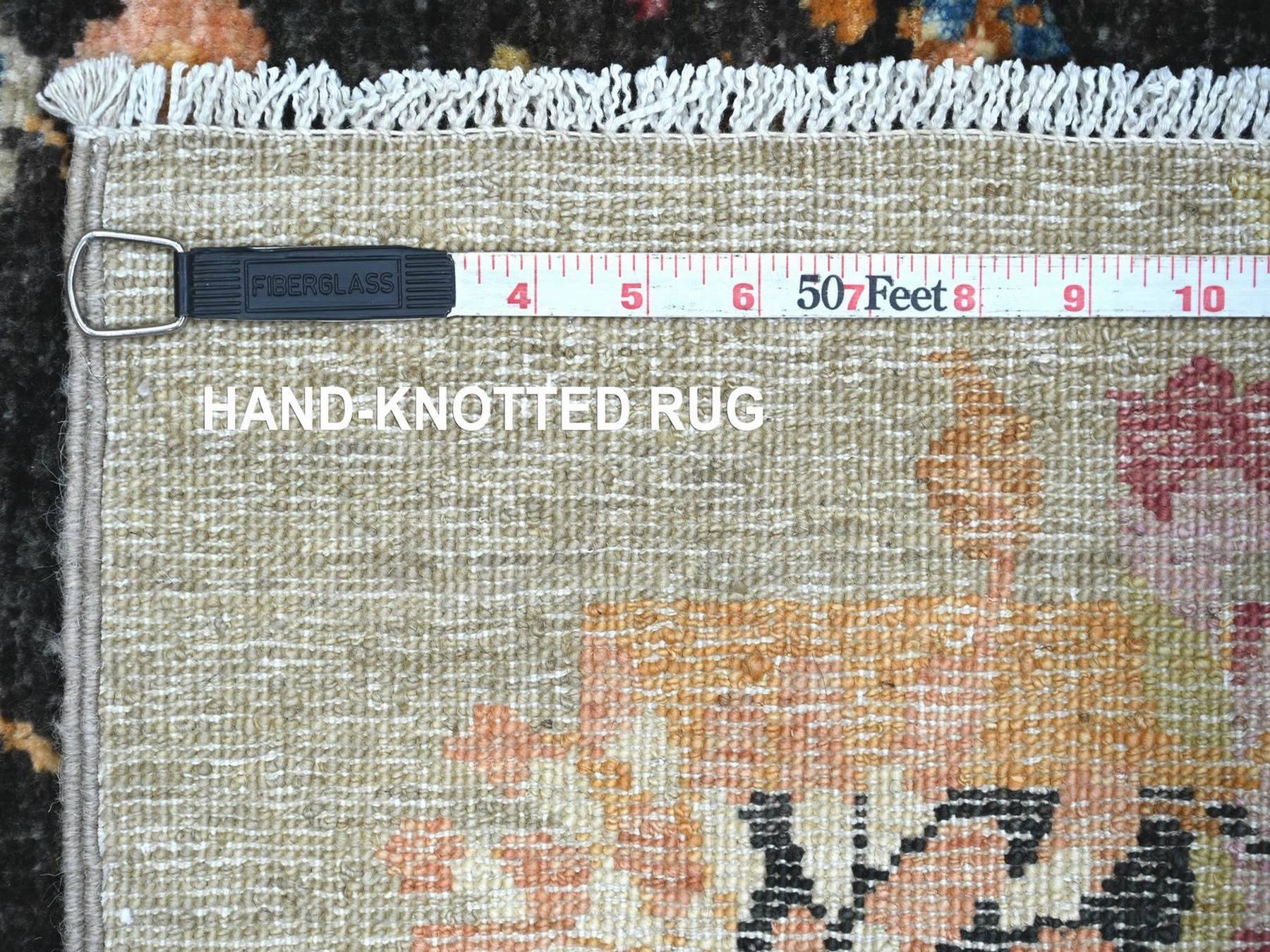 3'x11'10" Charcoal Black, Chinese Art Deco Inspired Peshawar, Natural Dyes, Hand Knotted, Soft and Velvety Wool, Runner, Oriental Rug HR22558 - Image 6
