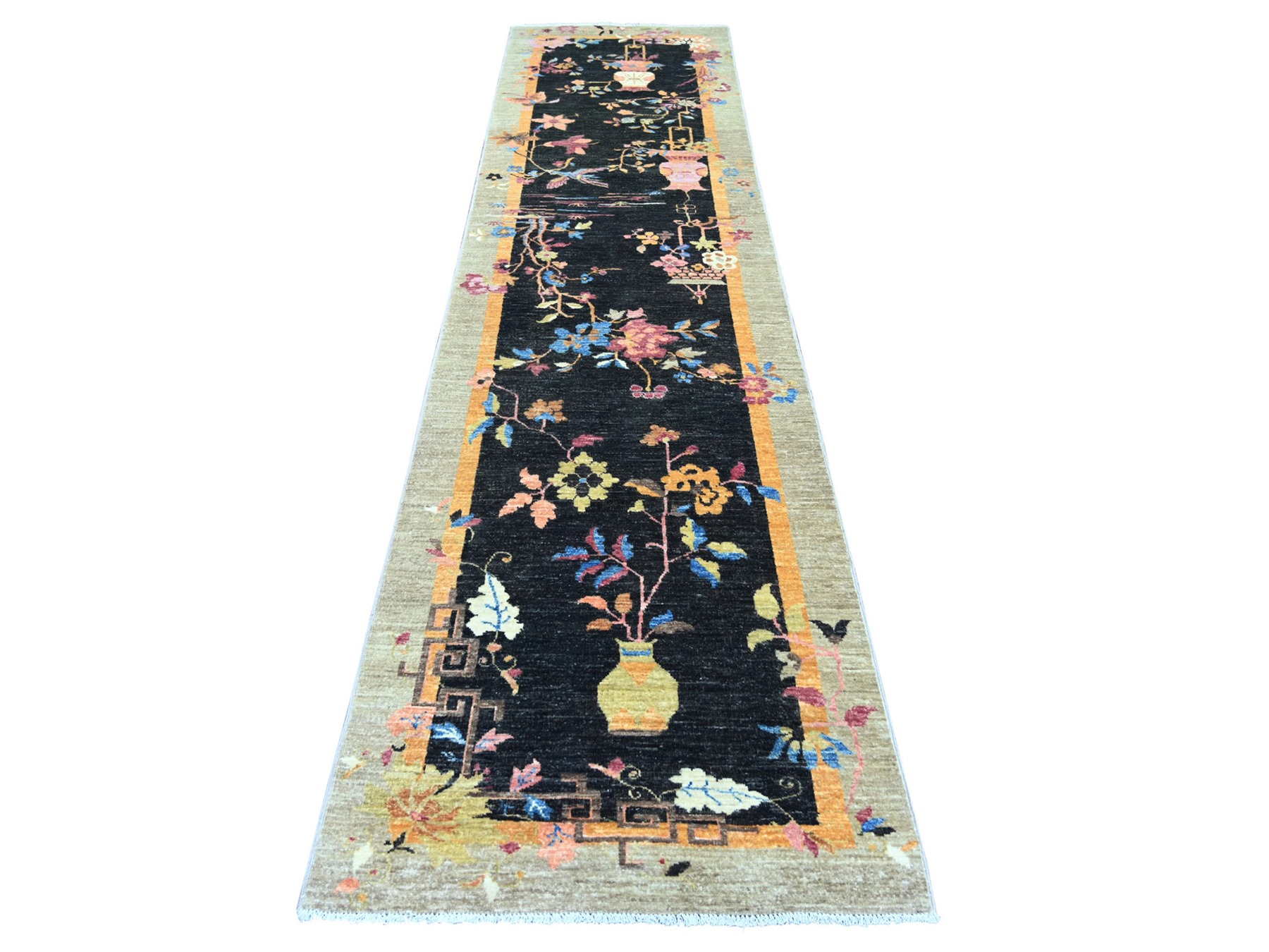 3'x11'10" Charcoal Black, Hand Knotted, Chinese Art Deco Inspired Peshawar, Natural Dyes, Soft and Velvety Wool, Runner, Oriental Rug HR22560