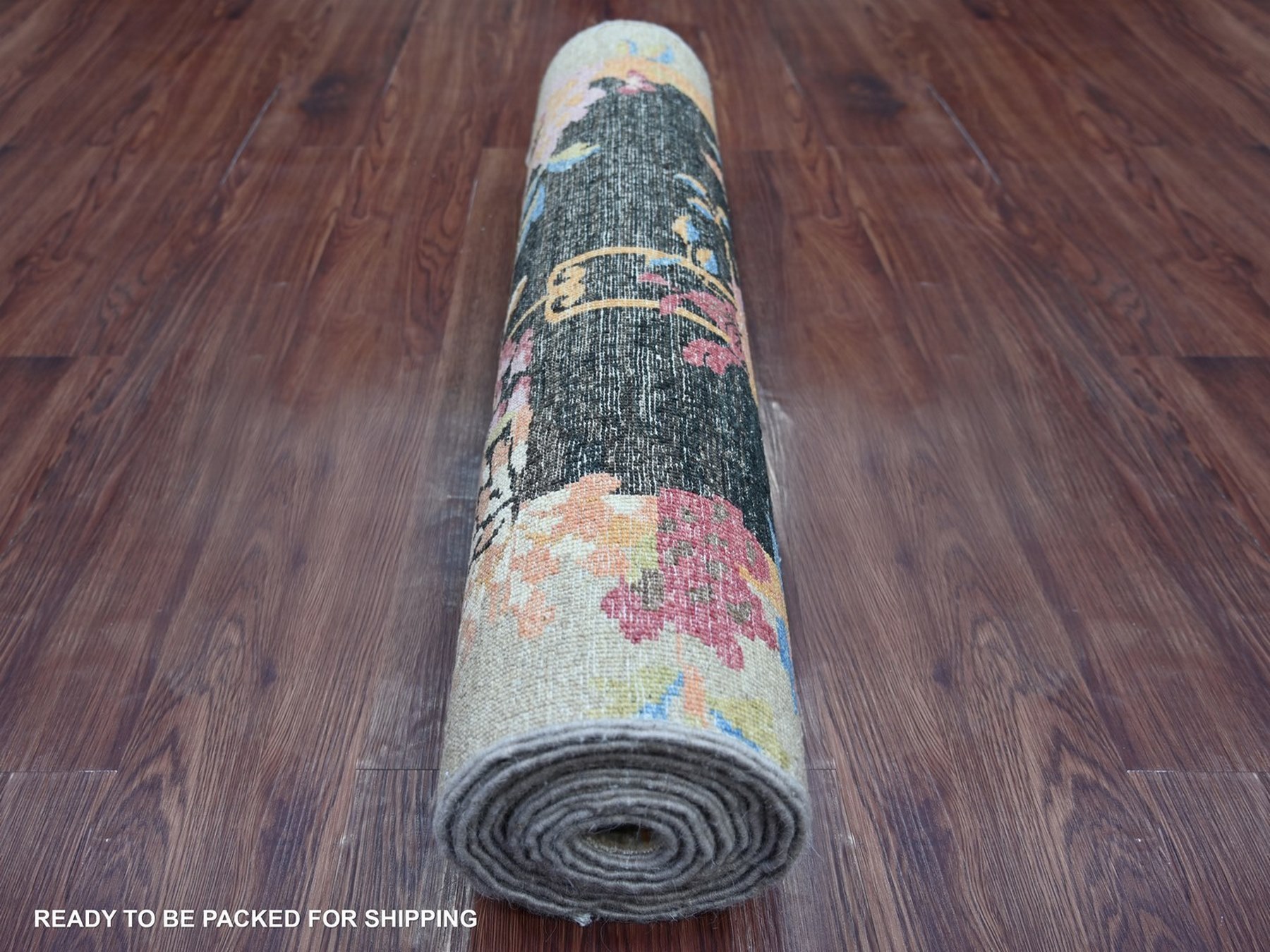 3'x11'10" Charcoal Black, Hand Knotted, Chinese Art Deco Inspired Peshawar, Natural Dyes, Soft and Velvety Wool, Runner, Oriental Rug HR22560 - Image 4