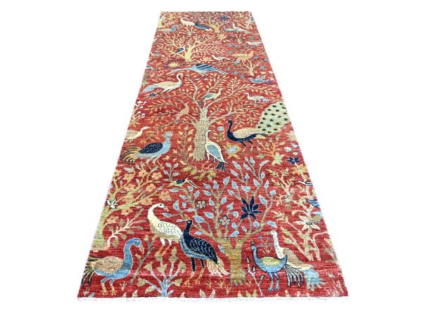 4'x12'2" Crimson Red, Afghan Peshawar with Birds of Paradise Design, Hand Knotted, Soft and Shiny Wool, Vegetable Dyes, Wide Runner, Oriental Rug HR22563