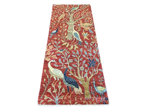 2'7"x6'4" Crimson Red, Hand Knotted, Afghan Peshawar with Birds of Paradise Design, Soft and Shiny Wool, Vegetable Dyes, Runner, Oriental Rug HR22564