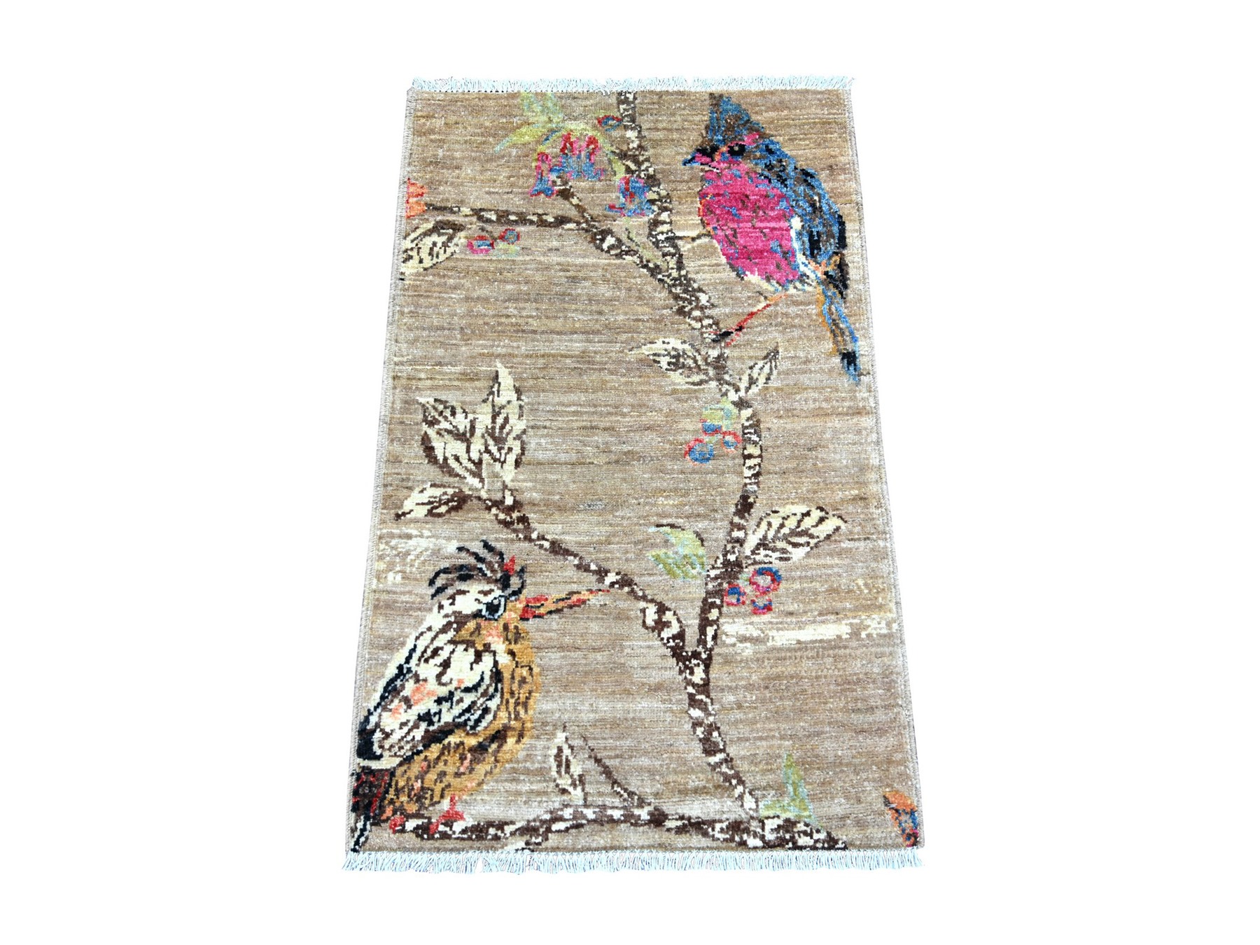 2'x3'1" Light Brown, Sparrows on the Tree, Peshawar, Finely Hand Knotted, High Mountain Wool, Soft to the Touch, Mat, Sample, Oriental Rug HR22592