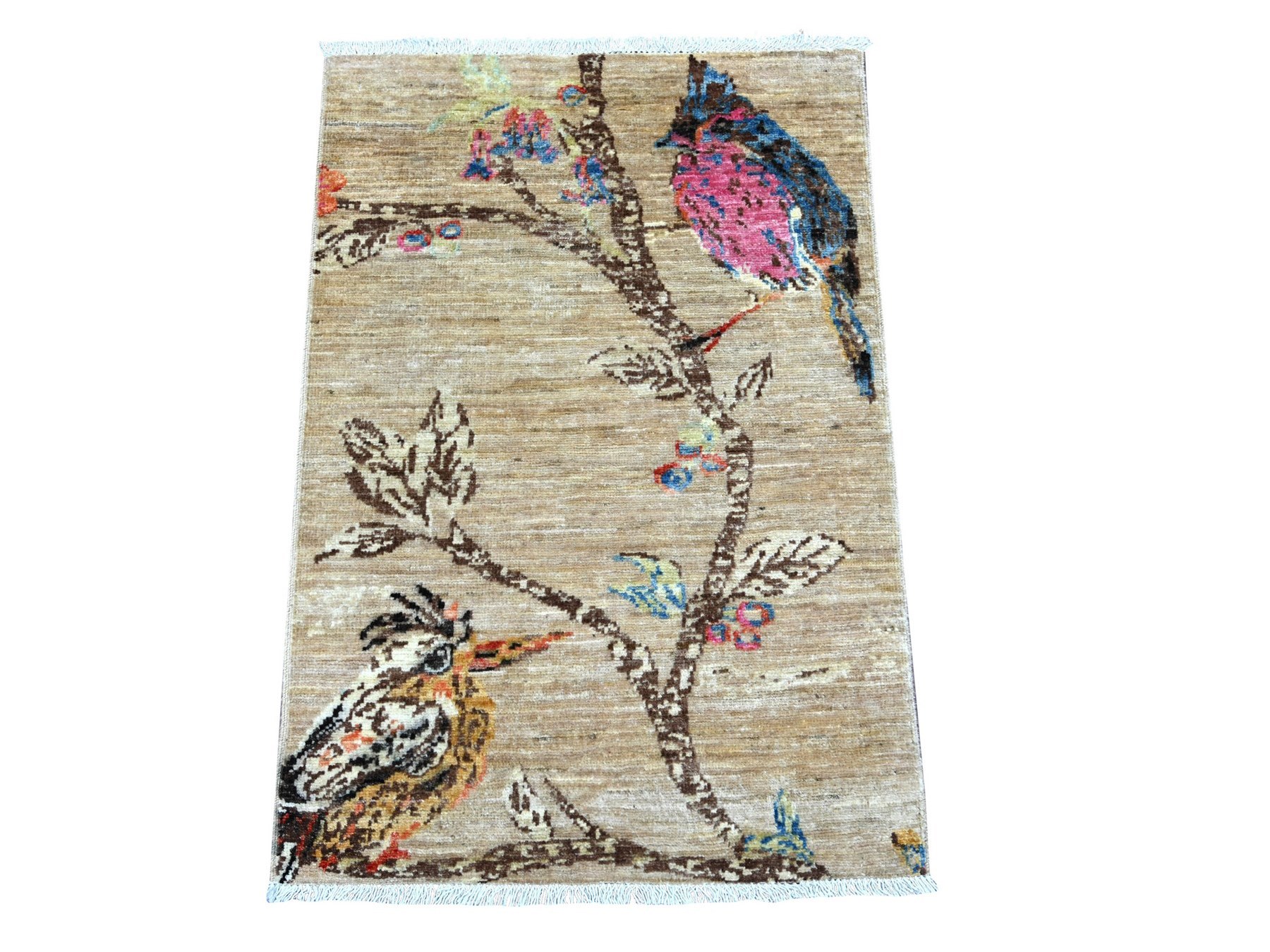 2'x3' Light Brown, Finely Hand Knotted, Sparrows on the Tree, Peshawar, High Mountain Wool, Soft to the Touch, Sample, Mat, Oriental Rug HR22594