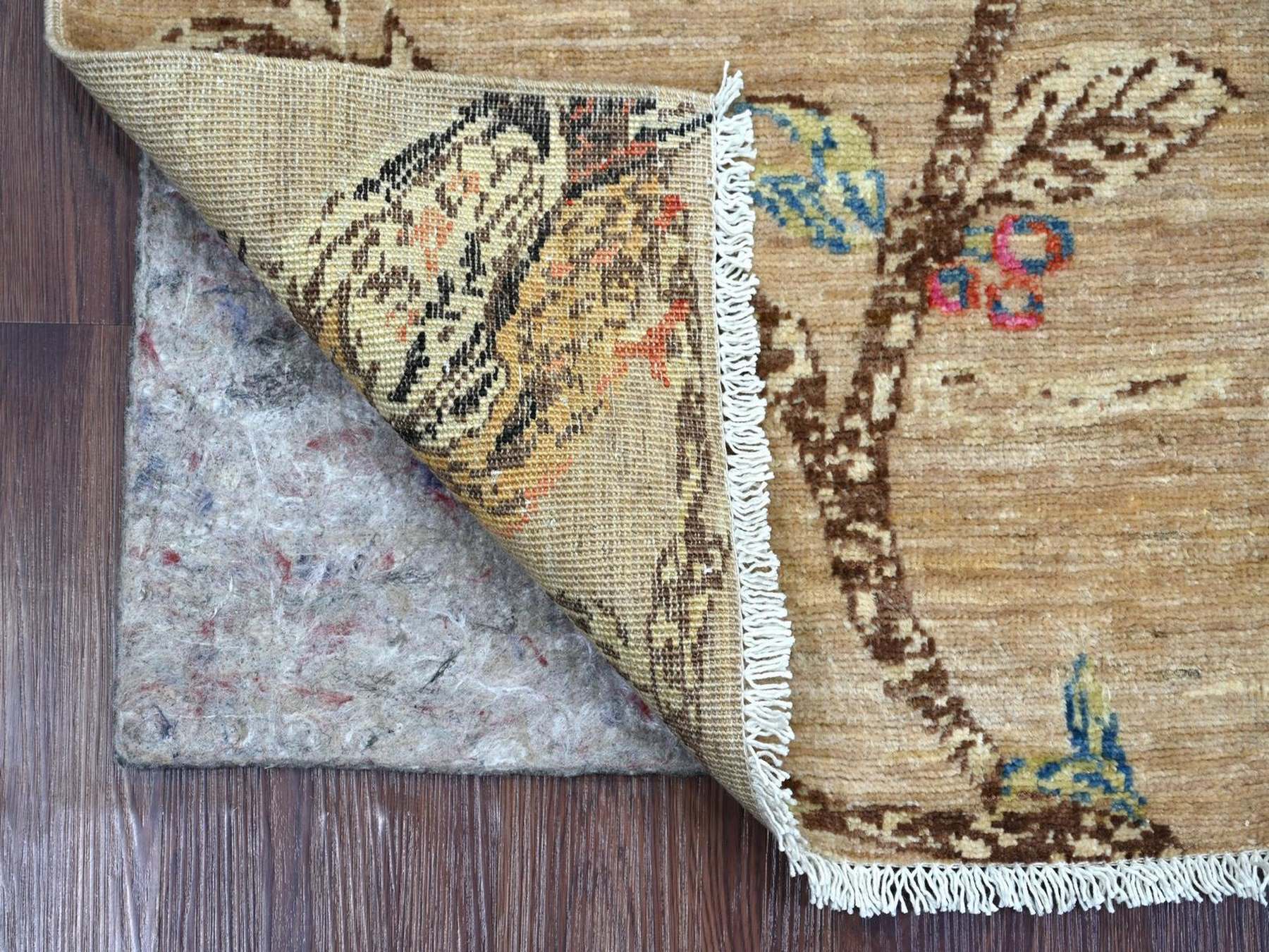 2'x3' Light Brown, Finely Hand Knotted, Sparrows on the Tree, Peshawar, High Mountain Wool, Soft to the Touch, Sample, Mat, Oriental Rug HR22594 - Image 2