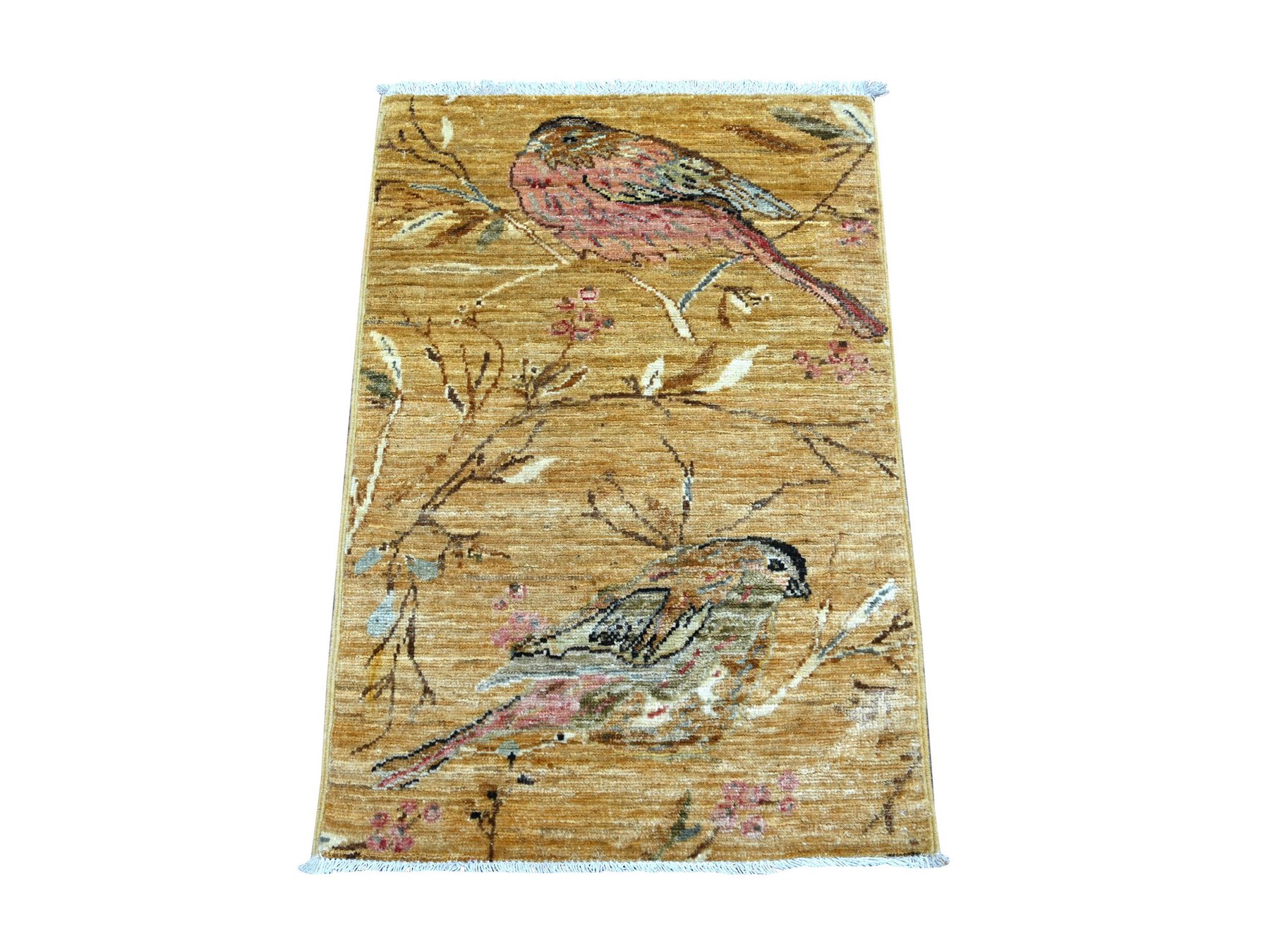 2'x3' Golden Brown, Sparrows on the Tree, Peshawar, Finely Hand Knotted, Soft to the Touch, High Mountain Wool, Mat, Sample, Oriental Rug HR22596