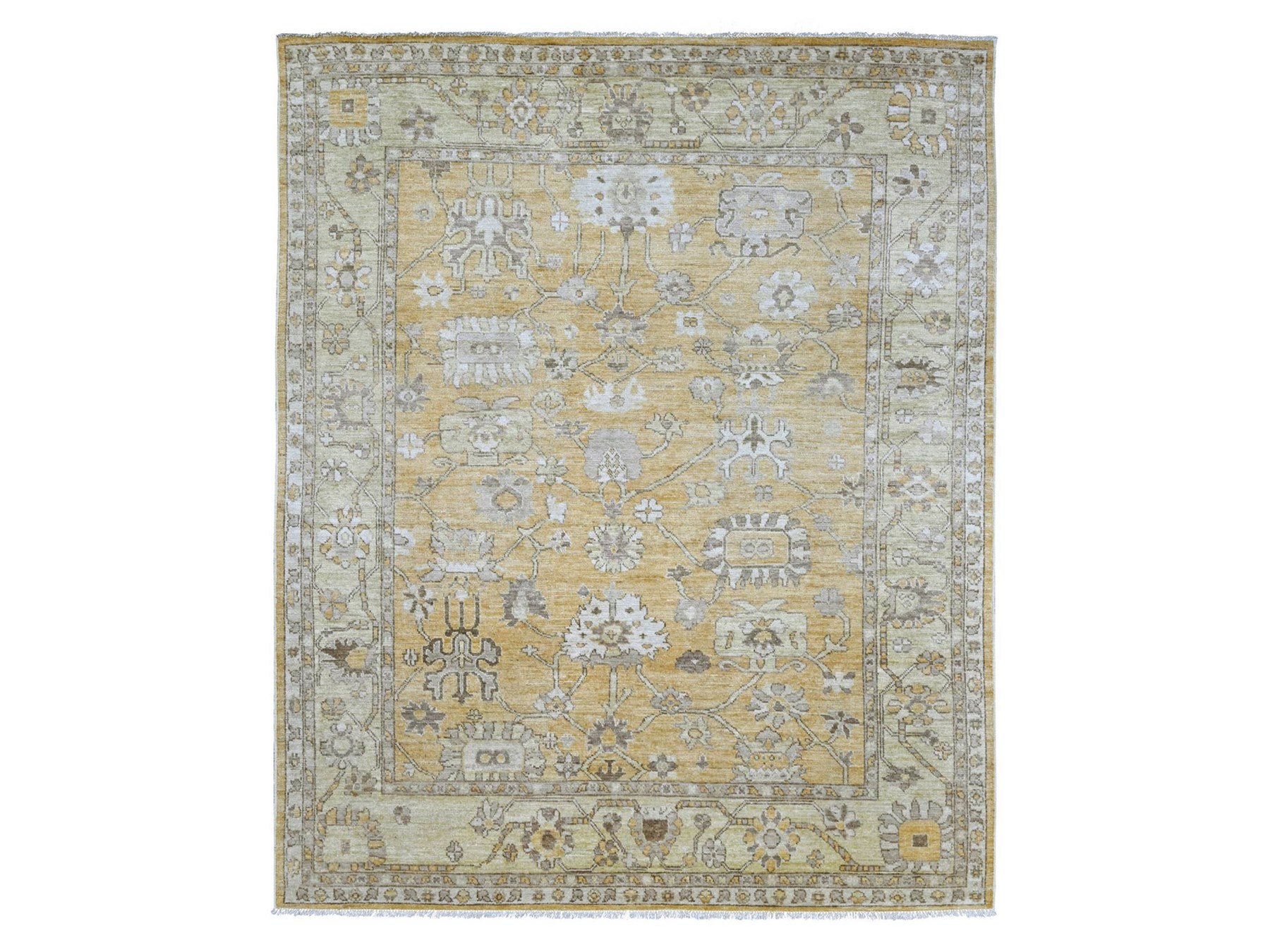7'10"x9'5" Golden Brown, Afghan Angora Oushak with All Over Leaf Design, Hand Knotted, 100% Wool, Vegetable Dyes, Oriental Rug HR22613