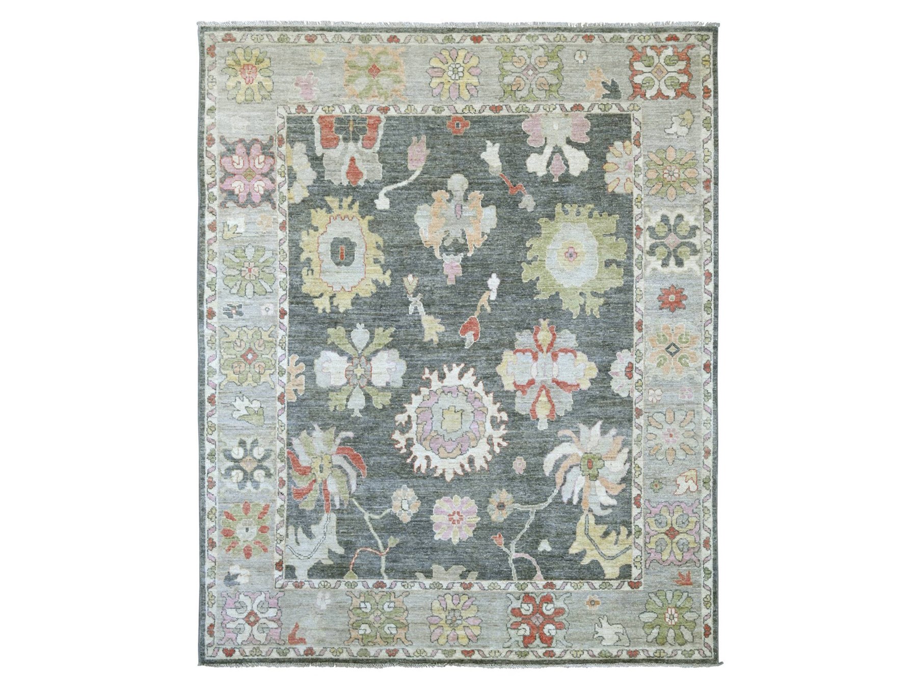 8'x9'9" Charcoal Gray, Afghan Angora Oushak with All Over Leaf Design, Hand Knotted, 100% Wool, Vegetable Dyes, Oriental Rug HR22615