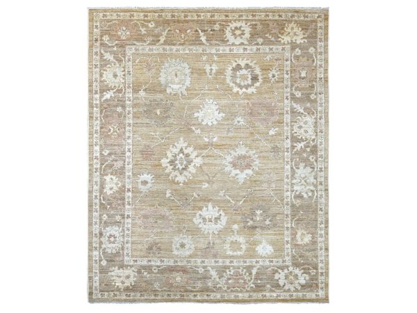 8'2"x9'10" Camel Brown, Afghan Angora Oushak with All Over Leaf Design, Hand Knotted, 100% Wool, Vegetable Dyes, Oriental Rug HR22616