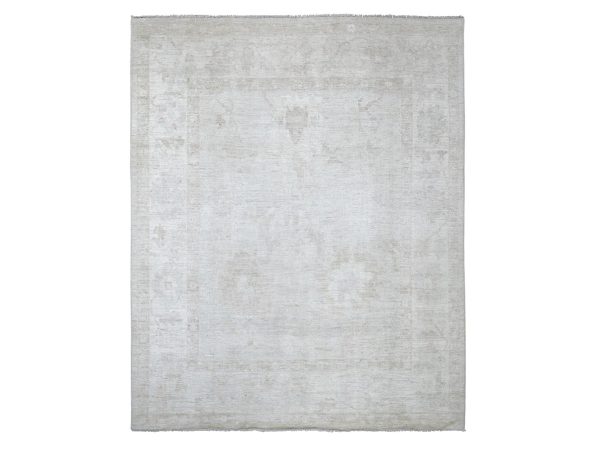 8'1"x9'10" Light Gray, Afghan Angora Oushak with All Over Leaf Design, Hand Knotted, 100% Wool, Vegetable Dyes, Oriental Rug HR22617