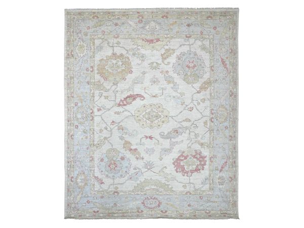 8'x9'9" Pearl White, Afghan Angora Oushak with All Over Leaf Design, Hand Knotted, 100% Wool, Vegetable Dyes, Oriental Rug HR22619