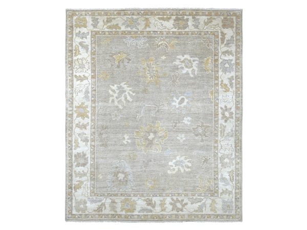 8'1"x9'5" Light Brown, Afghan Angora Oushak with All Over Leaf Design, Hand Knotted, 100% Wool, Vegetable Dyes, Oriental Rug HR22622
