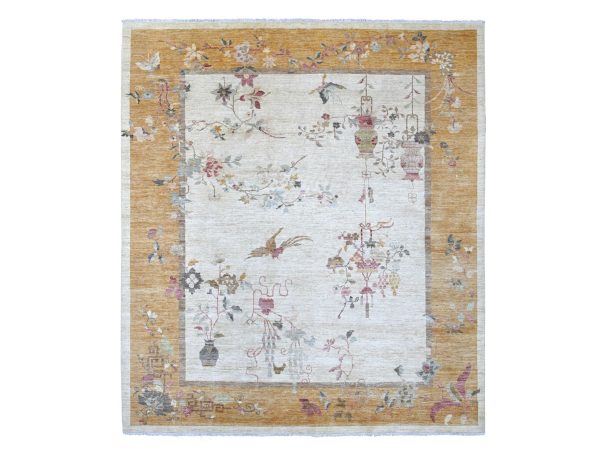 8'2"x9'3" Daisy White, Chinese Art Deco Inspired Peshawar, Vegetable Dyes, Hand Knotted, Soft and Shiny Wool, Oriental Rug HR22623