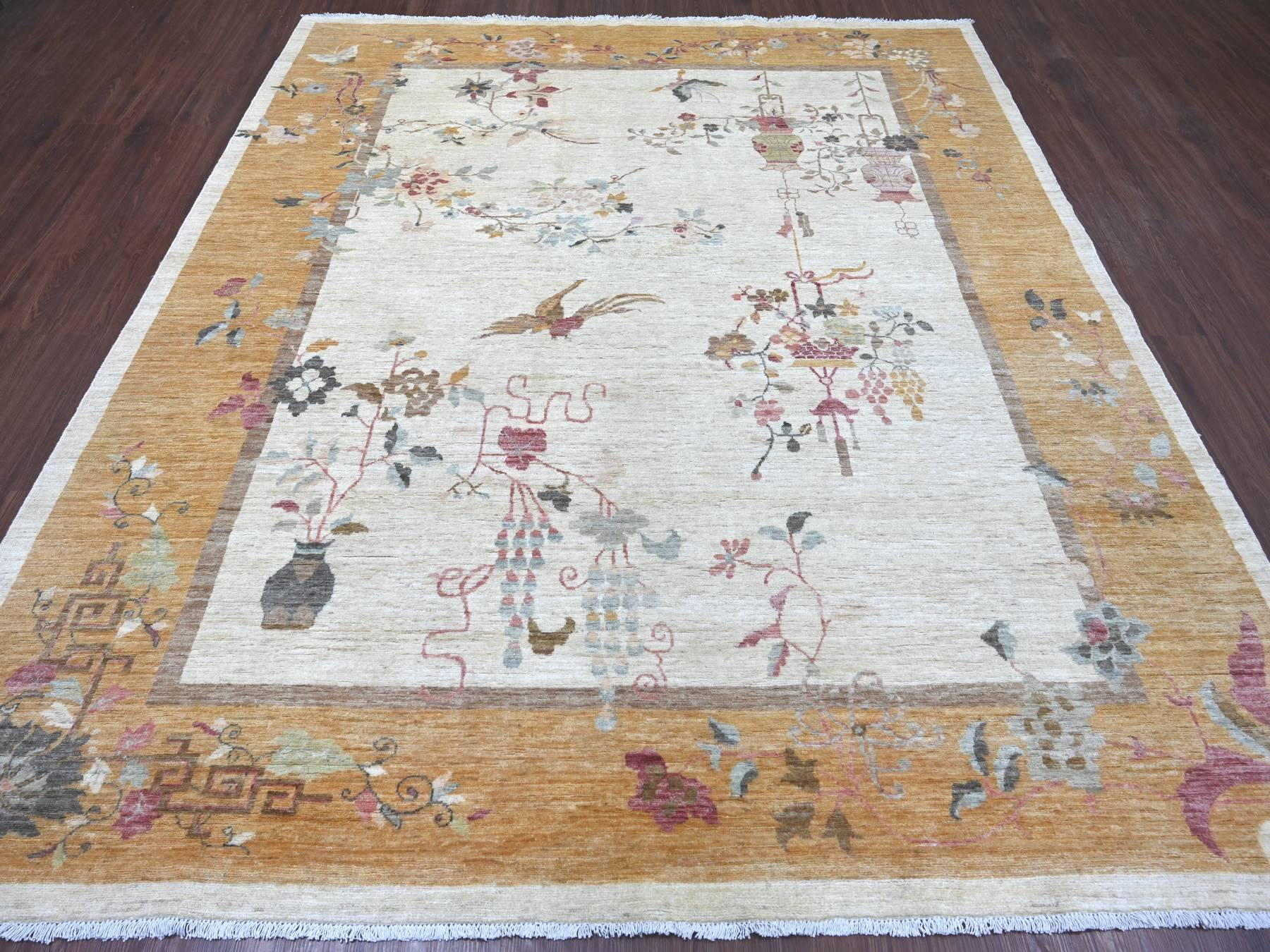 8'2"x9'3" Daisy White, Chinese Art Deco Inspired Peshawar, Vegetable Dyes, Hand Knotted, Soft and Shiny Wool, Oriental Rug HR22623 - Image 2