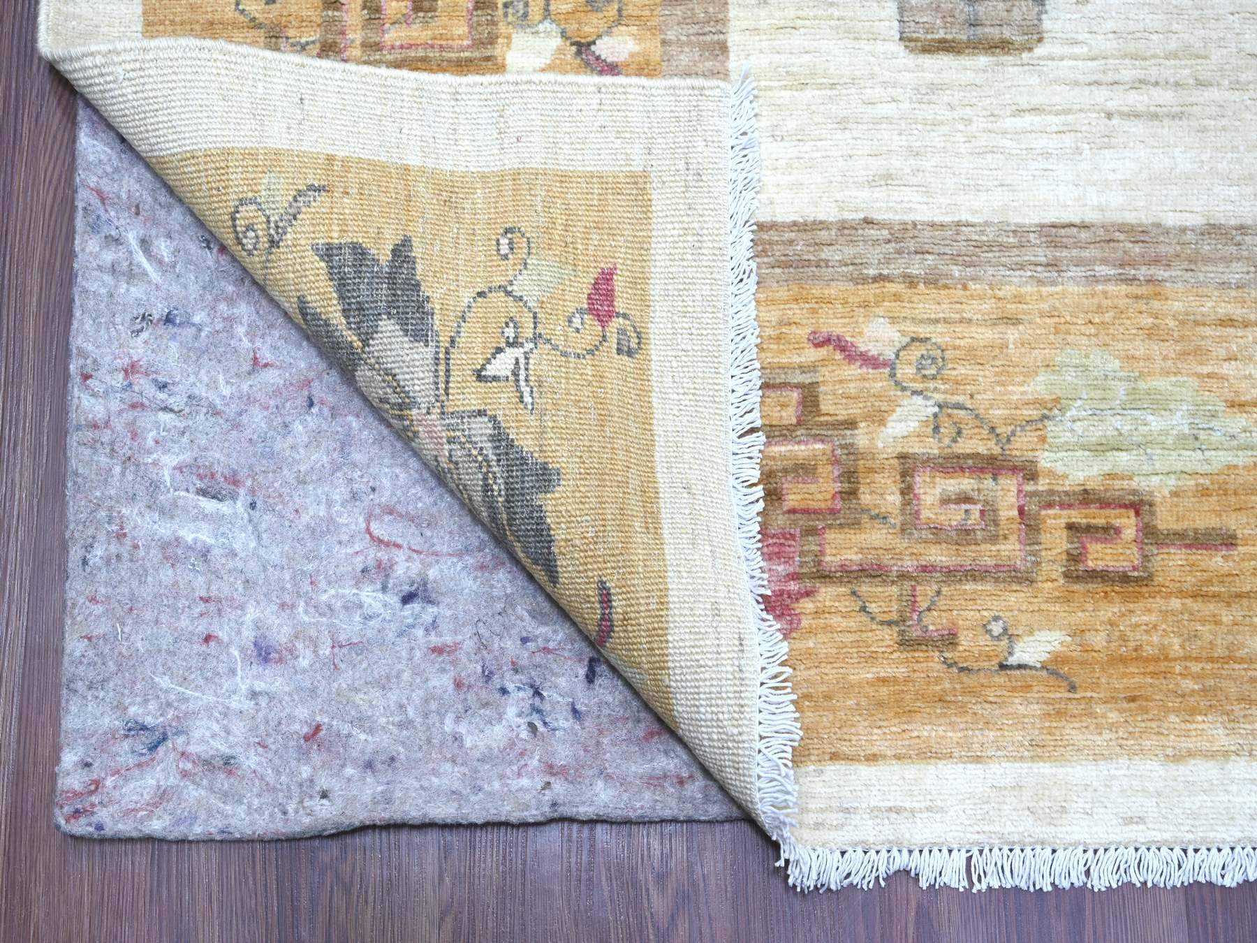 8'2"x9'3" Daisy White, Chinese Art Deco Inspired Peshawar, Vegetable Dyes, Hand Knotted, Soft and Shiny Wool, Oriental Rug HR22623 - Image 4