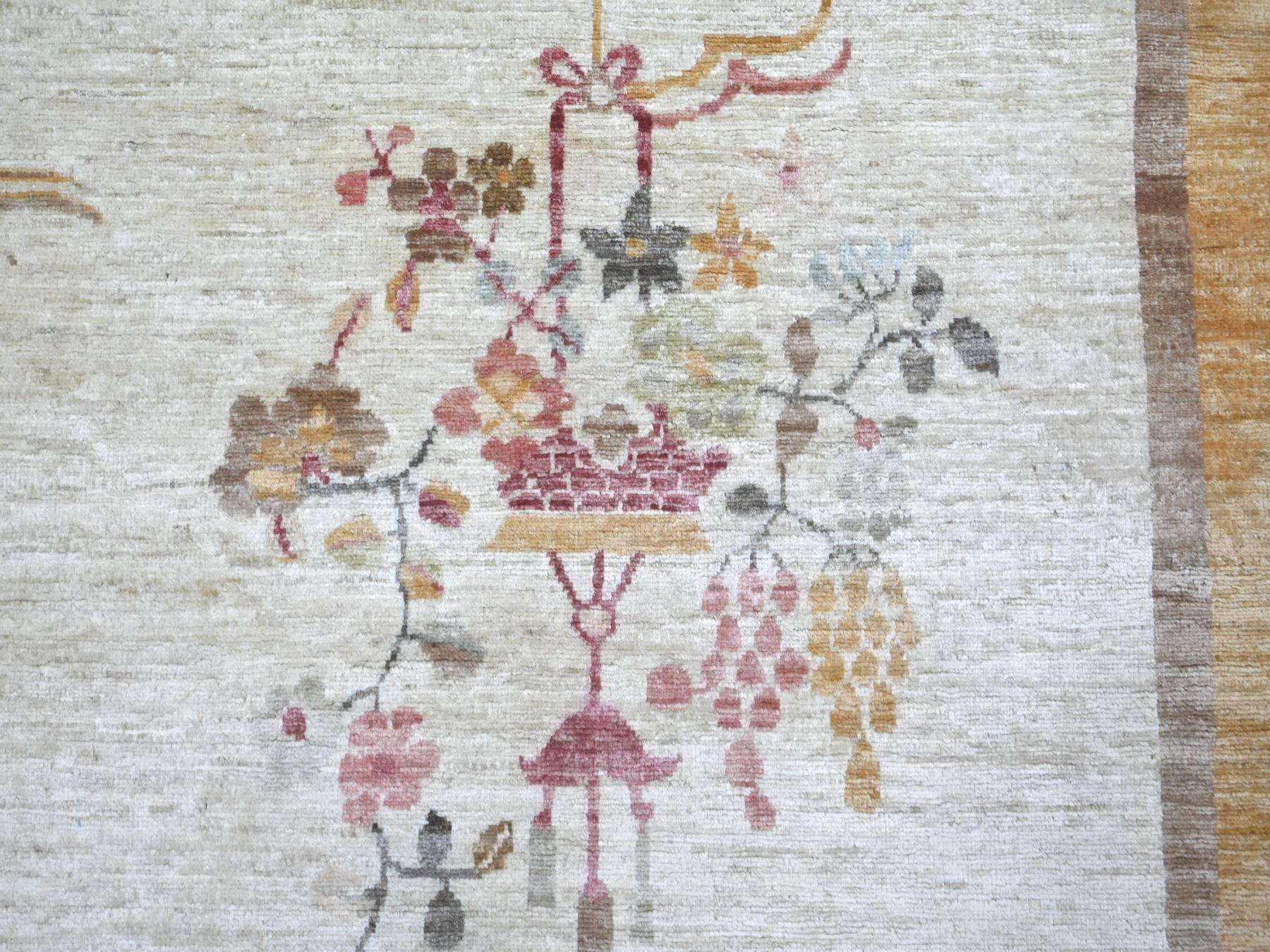 8'2"x9'3" Daisy White, Chinese Art Deco Inspired Peshawar, Vegetable Dyes, Hand Knotted, Soft and Shiny Wool, Oriental Rug HR22623 - Image 8