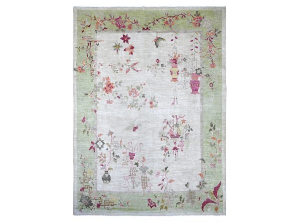 8'10"x12' Misty Gray, Hand Knotted, Chinese Art Deco Inspired Peshawar, Vegetable Dyes, Soft and Shiny Wool, Oriental Rug HR22625