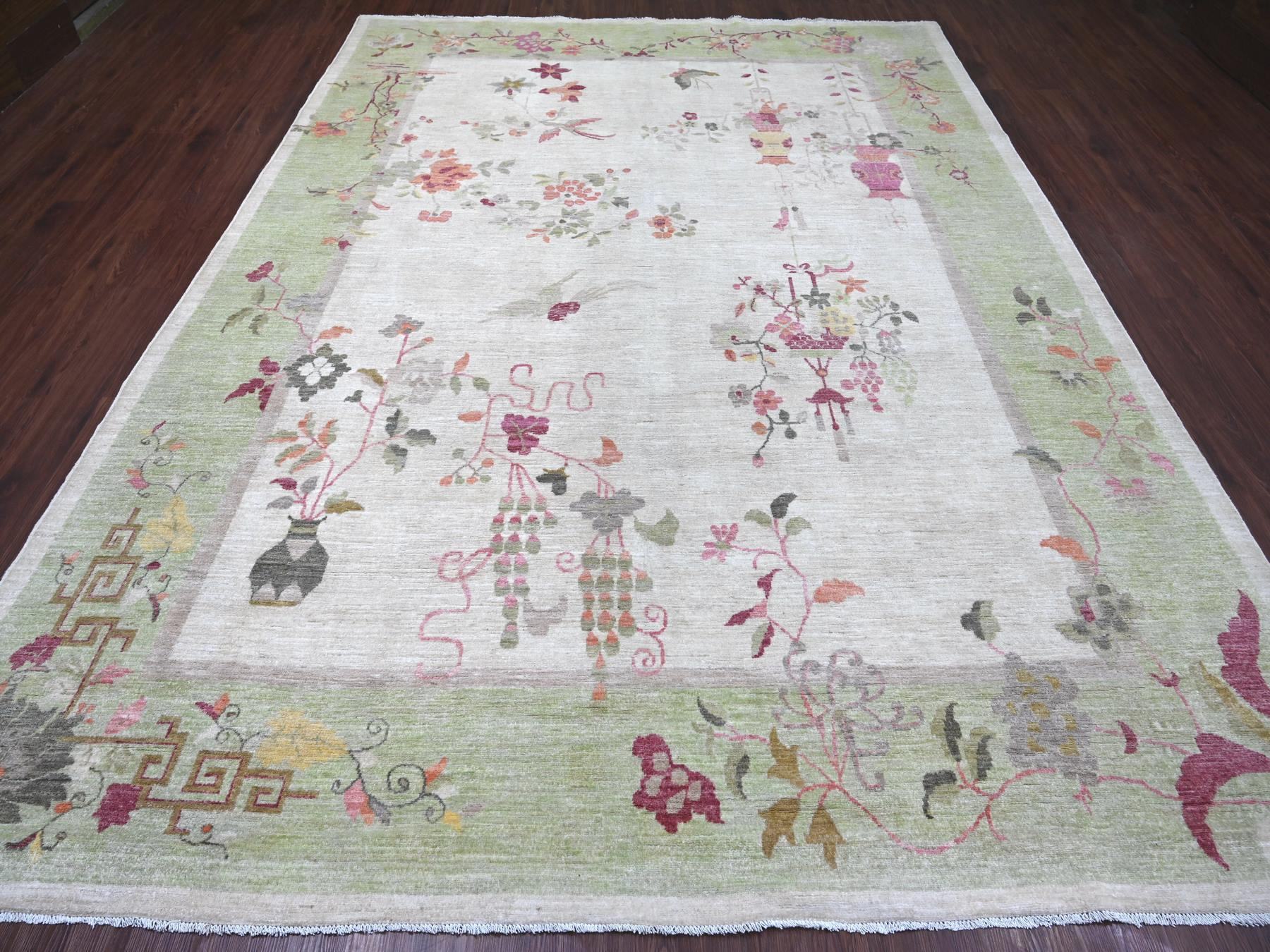 8'10"x12' Misty Gray, Hand Knotted, Chinese Art Deco Inspired Peshawar, Vegetable Dyes, Soft and Shiny Wool, Oriental Rug HR22625 - Image 2