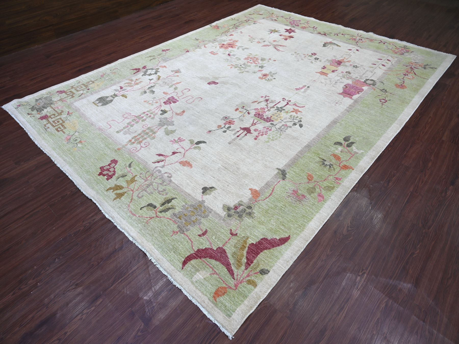 8'10"x12' Misty Gray, Hand Knotted, Chinese Art Deco Inspired Peshawar, Vegetable Dyes, Soft and Shiny Wool, Oriental Rug HR22625 - Image 3