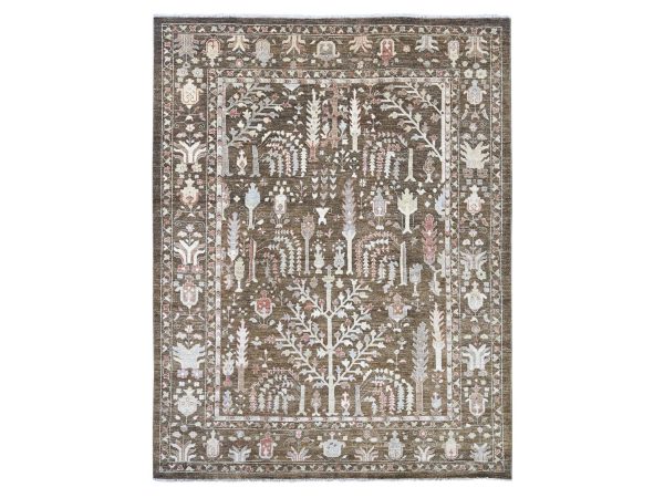 9'2"x11'8" Mocha Brown, Afghan Angora Oushak with Willow and Cypress Tree Design, Hand Knotted, 100% Wool, Vegetable Dyes, Oriental Rug HR22627