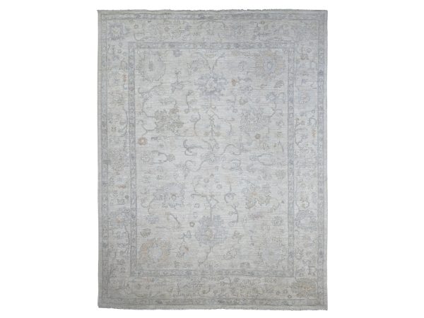 8'10"x11'9" Daisy White, Afghan Angora Oushak with All Over Leaf Design, Hand Knotted, 100% Wool, Natural Dyes, Oriental Rug HR22631