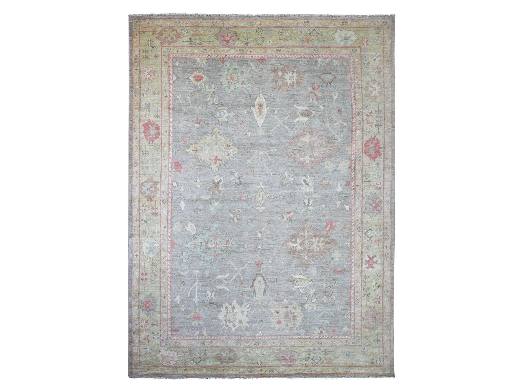 10'x13'7" Misty Gray, Afghan Angora Oushak with Geometric Leaf Design, Hand Knotted, 100% Wool, Vegetable Dyes, Oriental Rug HR22632