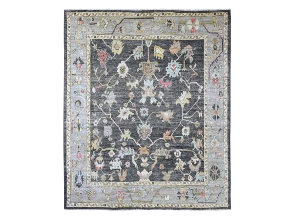 8'2"x9'10" Charcoal Gray, Afghan Angora Oushak with All Over Leaf Design, Hand Knotted, 100% Wool, Vegetable Dyes, Oriental Rug HR22635