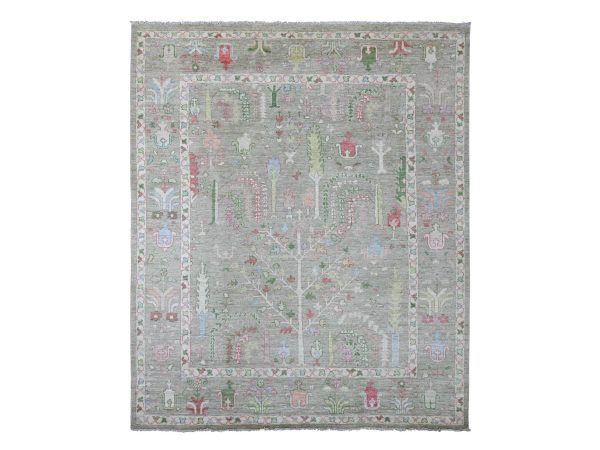 8'x9'8" Sage Green, Afghan Angora Oushak with Cypress and Willow Tree Design, Hand Knotted, 100% Wool, Vegetable Dyes, Oriental Rug HR22641