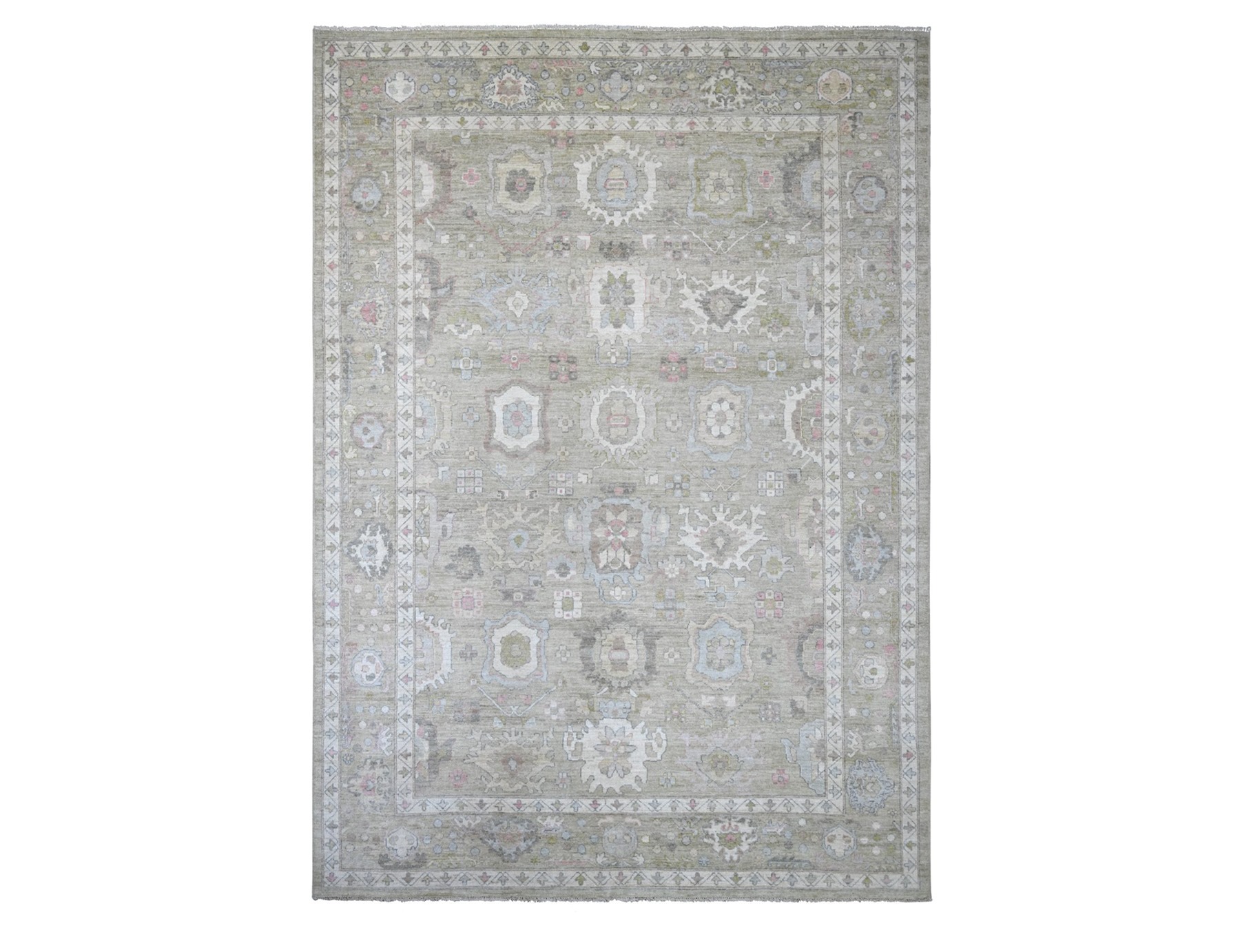 10'x14' Laurel Green, Afghan Angora Oushak with All Over Leaf Design, Hand Knotted, 100% Wool, Vegetable Dyes, Oriental Rug HR22643