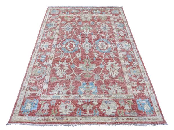 5'x7'3" Rose Pink, Hand Knotted, Afghan Angora Oushak with All Over Leaf Design, 100% Wool, Vegetable Dyes, Oriental Rug HR22649