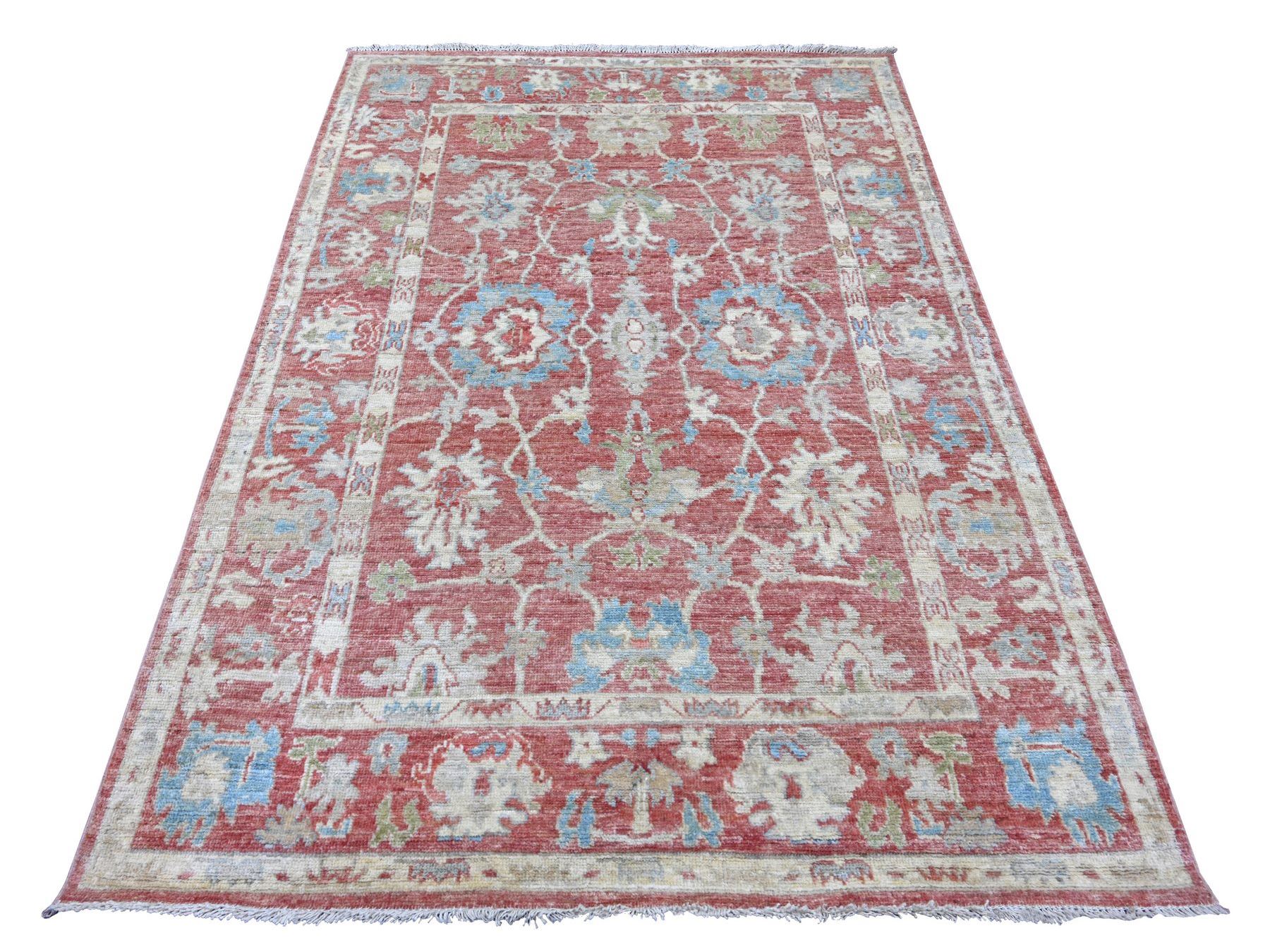 5'x7'3" Rose Pink, Hand Knotted, Afghan Angora Oushak with All Over Leaf Design, 100% Wool, Vegetable Dyes, Oriental Rug HR22649