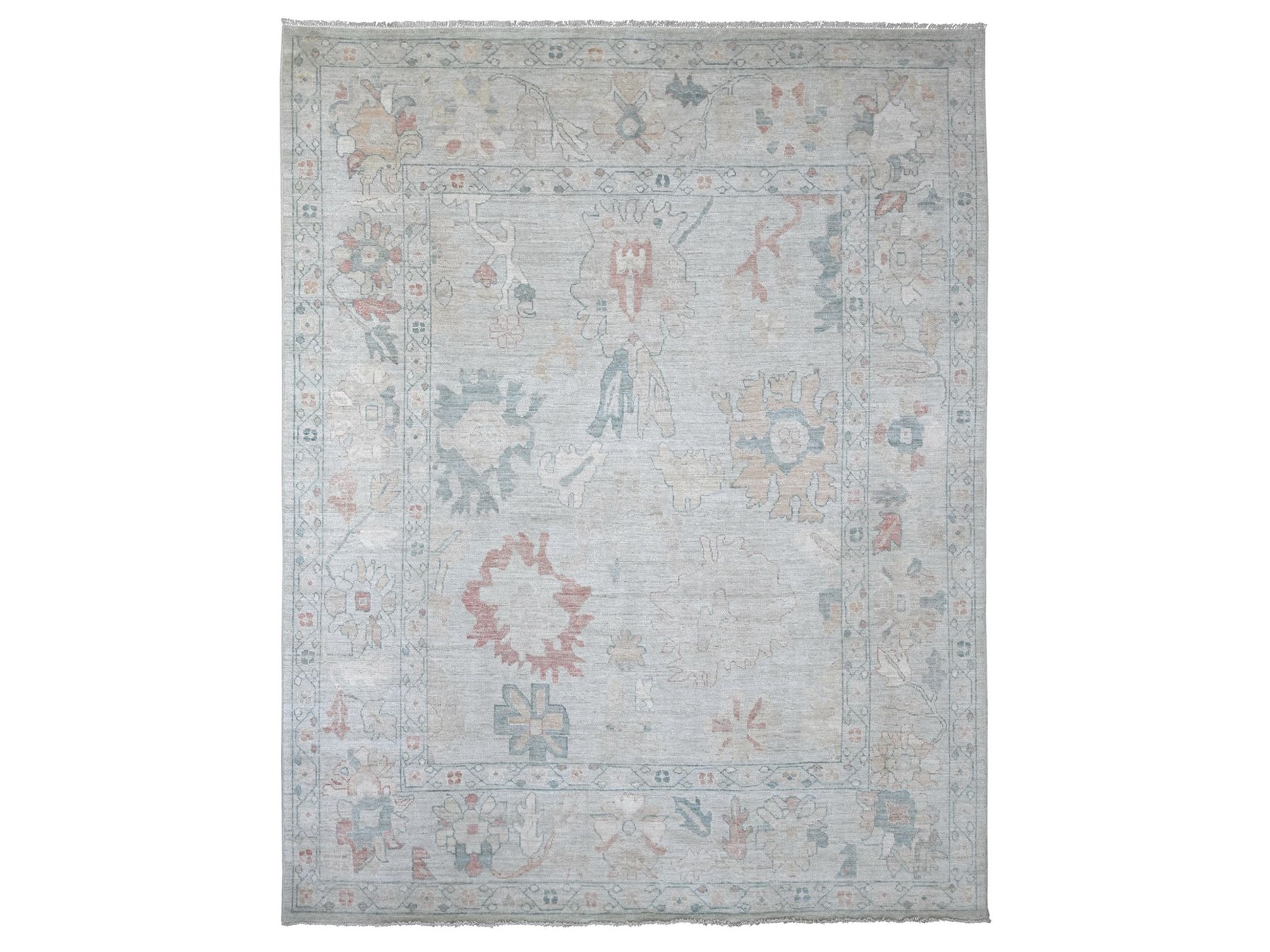 8'10"x11'5" Beau Blue, Hand Knotted, Afghan Angora Oushak with All Over Leaf Design, 100% Wool, Vegetable Dyes, Oriental Rug HR22669
