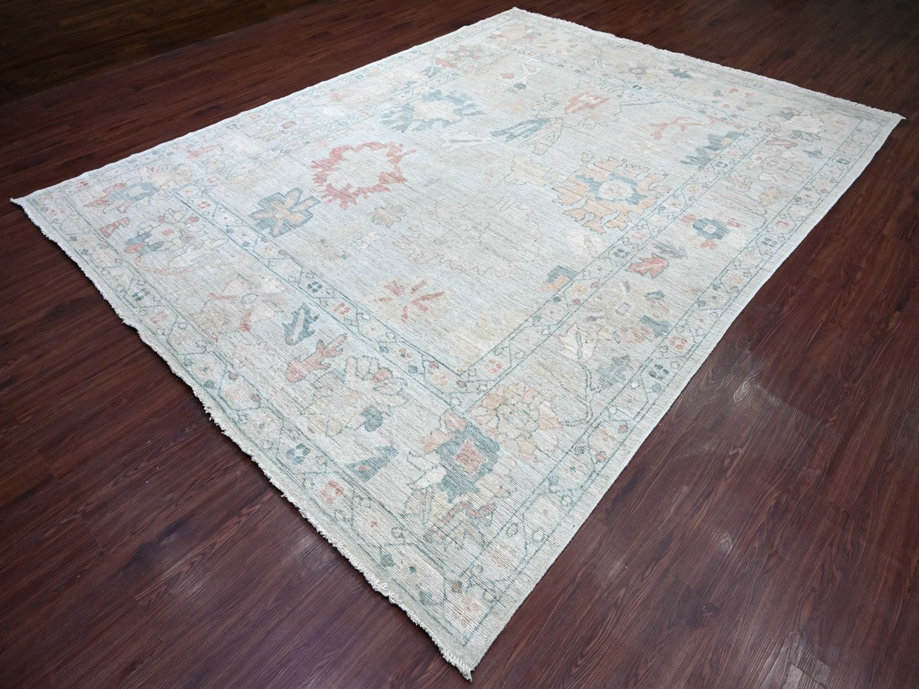 8'10"x11'5" Beau Blue, Hand Knotted, Afghan Angora Oushak with All Over Leaf Design, 100% Wool, Vegetable Dyes, Oriental Rug HR22669 - Image 3