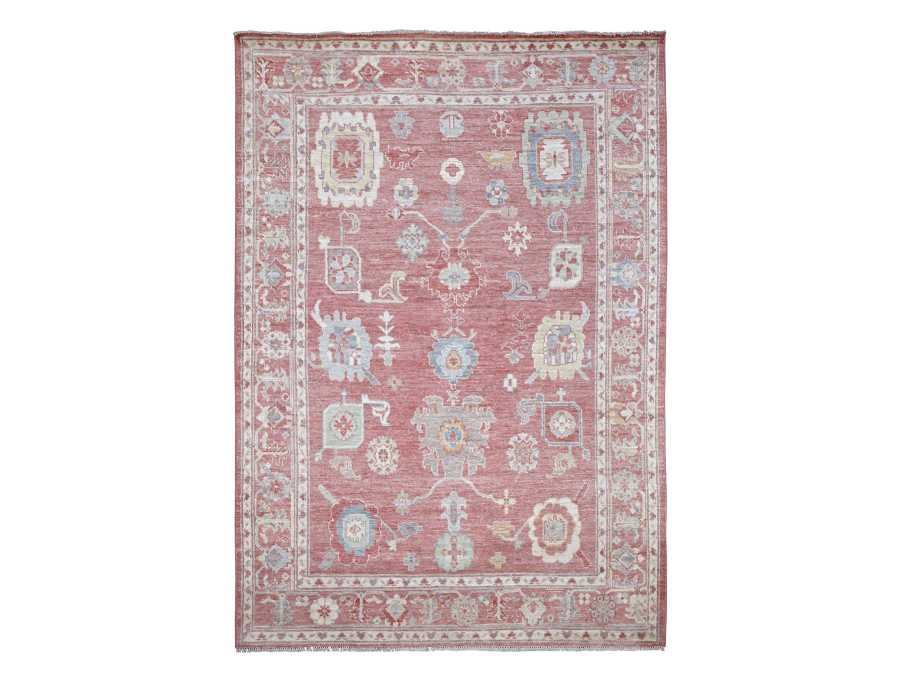 6'x8'7" Rose Pink, Hand Knotted, Afghan Angora Oushak with All Over Leaf Design, 100% Wool, Vegetable Dyes, Oriental Rug HR22672