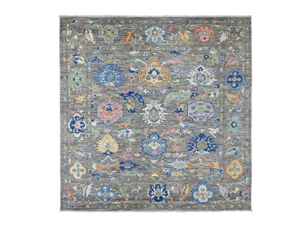 8'x8' Dim Gray, Hand Knotted, Afghan Angora Oushak with Colorful Leaf Design, 100% Wool, Vegetable Dyes, Square, Oriental Rug HR22682