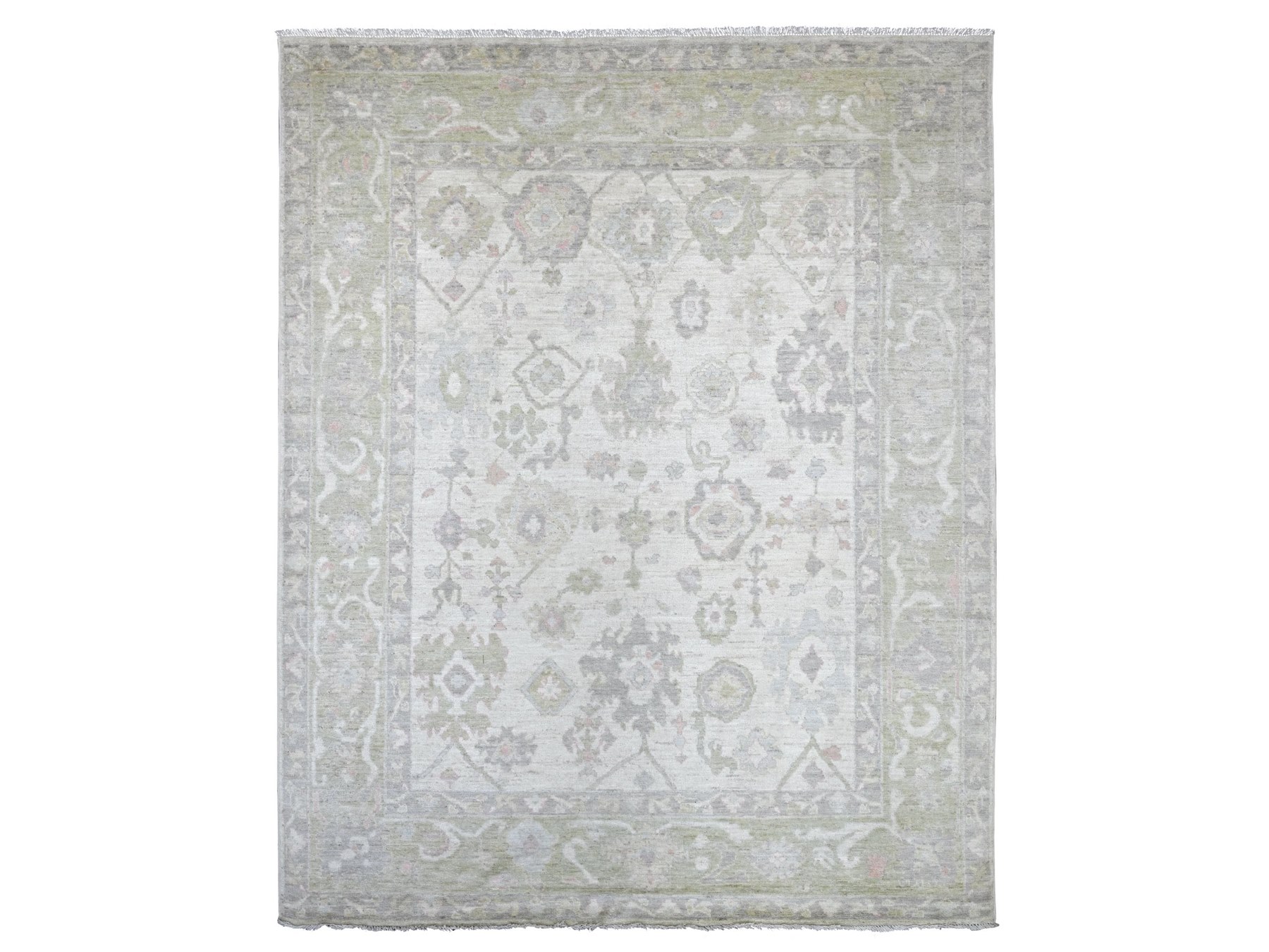 8'x9'10" Alabaster White, Hand Knotted, Afghan Angora Oushak with All Over Leaf Design, 100% Wool, Natural Dyes, Oriental Rug HR22683