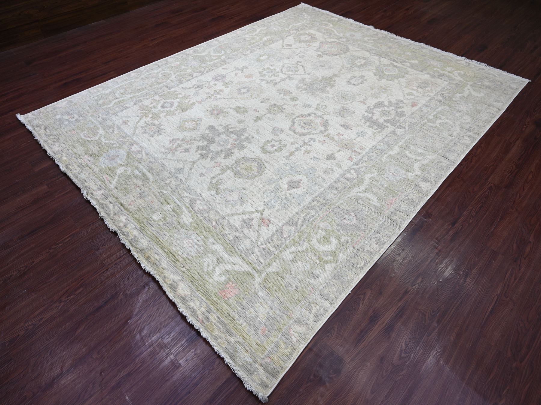 8'x9'10" Alabaster White, Hand Knotted, Afghan Angora Oushak with All Over Leaf Design, 100% Wool, Natural Dyes, Oriental Rug HR22683 - Image 3