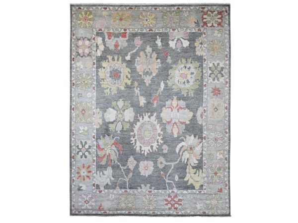 9'x11'9" Charcoal Gray, Hand Knotted, Afghan Angora Oushak with Large Leaf Design, 100% Wool, Vegetable Dyes, Oriental Rug HR22684