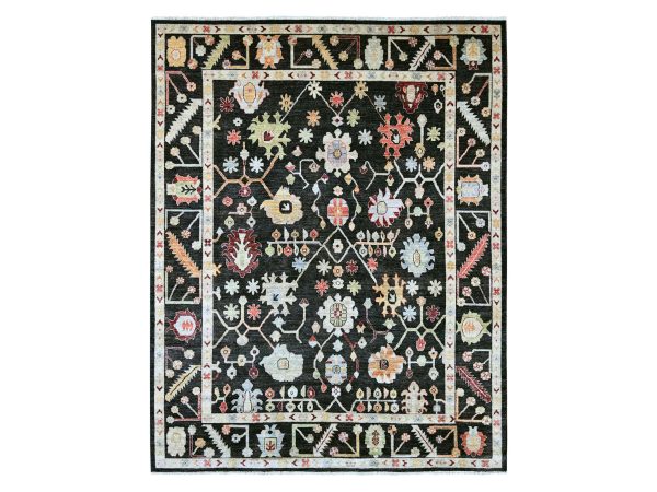 9'1"x11'7" Charcoal Black, Hand Knotted, Afghan Angora Oushak with Colorful Leaf Design, 100% Wool, Vegetable Dyes, Oriental Rug HR22685