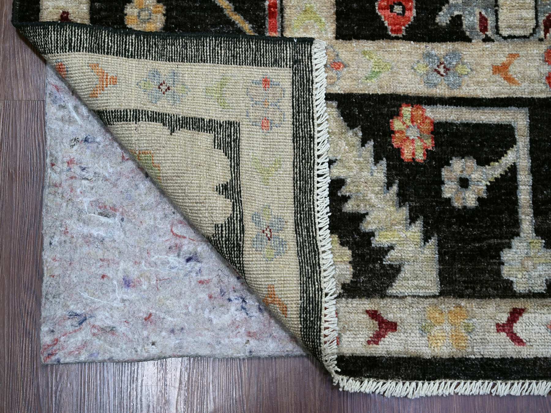 9'1"x11'7" Charcoal Black, Hand Knotted, Afghan Angora Oushak with Colorful Leaf Design, 100% Wool, Vegetable Dyes, Oriental Rug HR22685 - Image 4