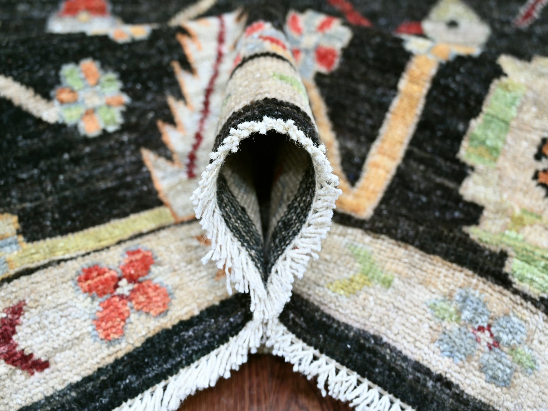 9'1"x11'7" Charcoal Black, Hand Knotted, Afghan Angora Oushak with Colorful Leaf Design, 100% Wool, Vegetable Dyes, Oriental Rug HR22685 - Image 5